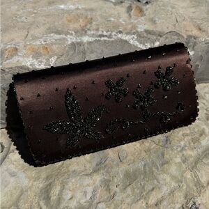 Embellished Floral Satin Clutch in Deep Brown